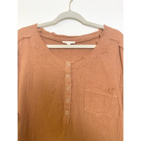 Promesa Brown Cropped Top M Boho Frayed Hem Waffle Oversize Casual Festival Fall - Picture 4 of 10